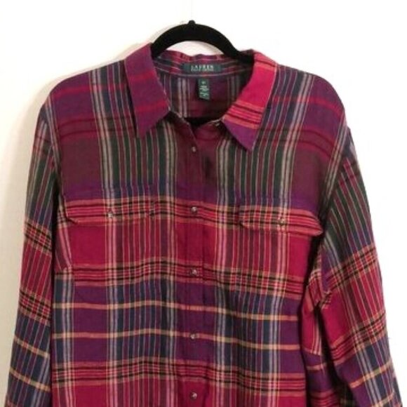 NEW Lauren Ralph Lauren 100% Linen Shirt Plaid Multicolor Chest Pockets Size 3X - Picture 2 of 4